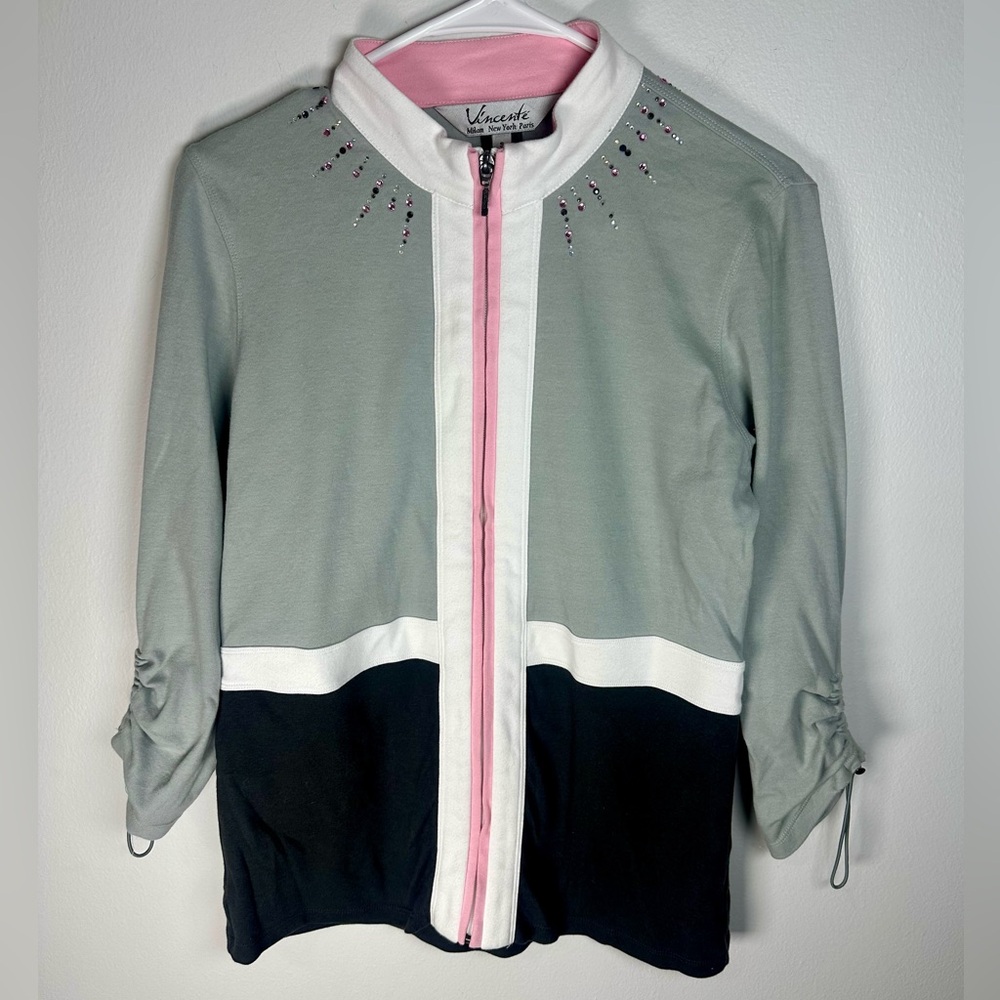 Chic vintage  Colorblock zip Jacket with Rhinestone Detail Athleisure size Small